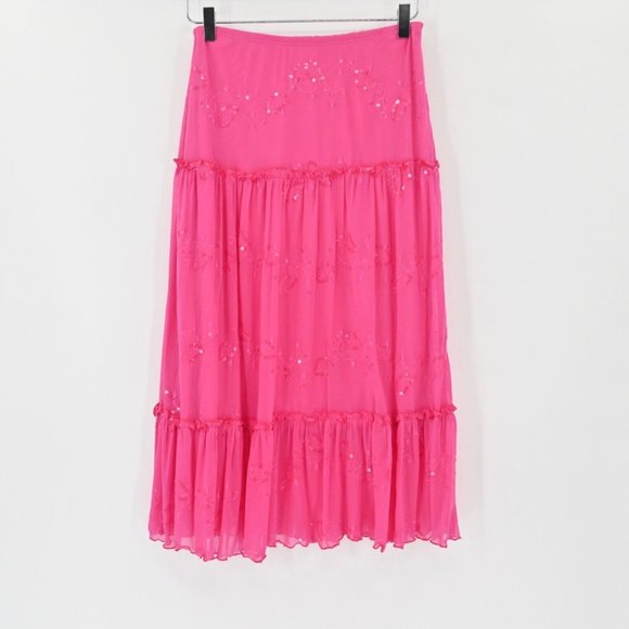 Vintage Y2k WHIZ Pink Midi Skirt Barbiecore Sequin Paisley Ruffle Womens Size L - Picture 5 of 9